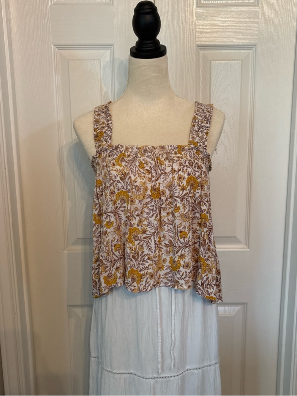 Patrons of Peace White Floral Smocked Square-Neck Tank with Mustard Print - Picture 4 of 7